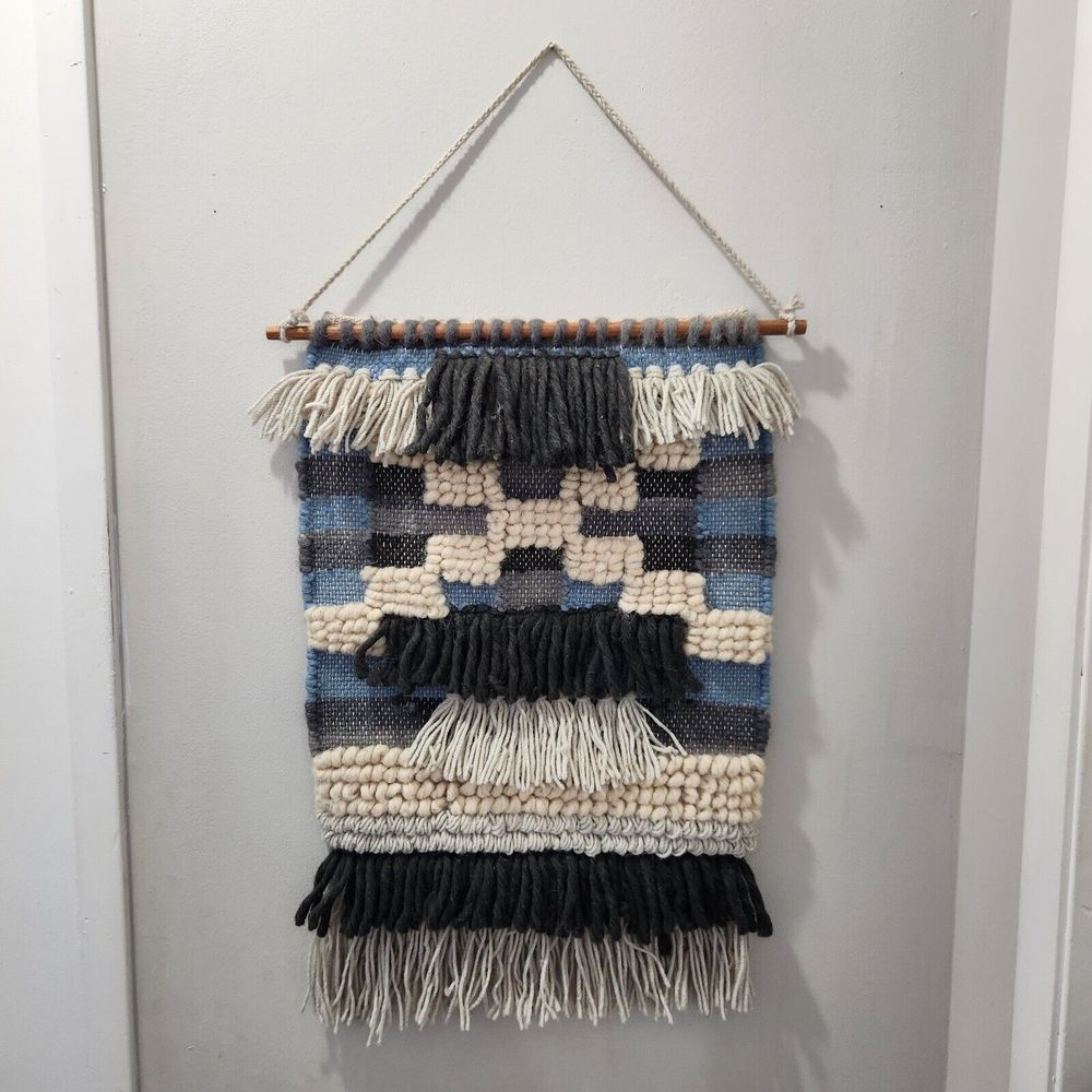 Macrame Woven Blue Cream Wall Hanging 15x24 Wool Tapestry Boho Made in India